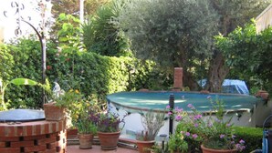 A pool surrounded by potted plants and a brick structure.