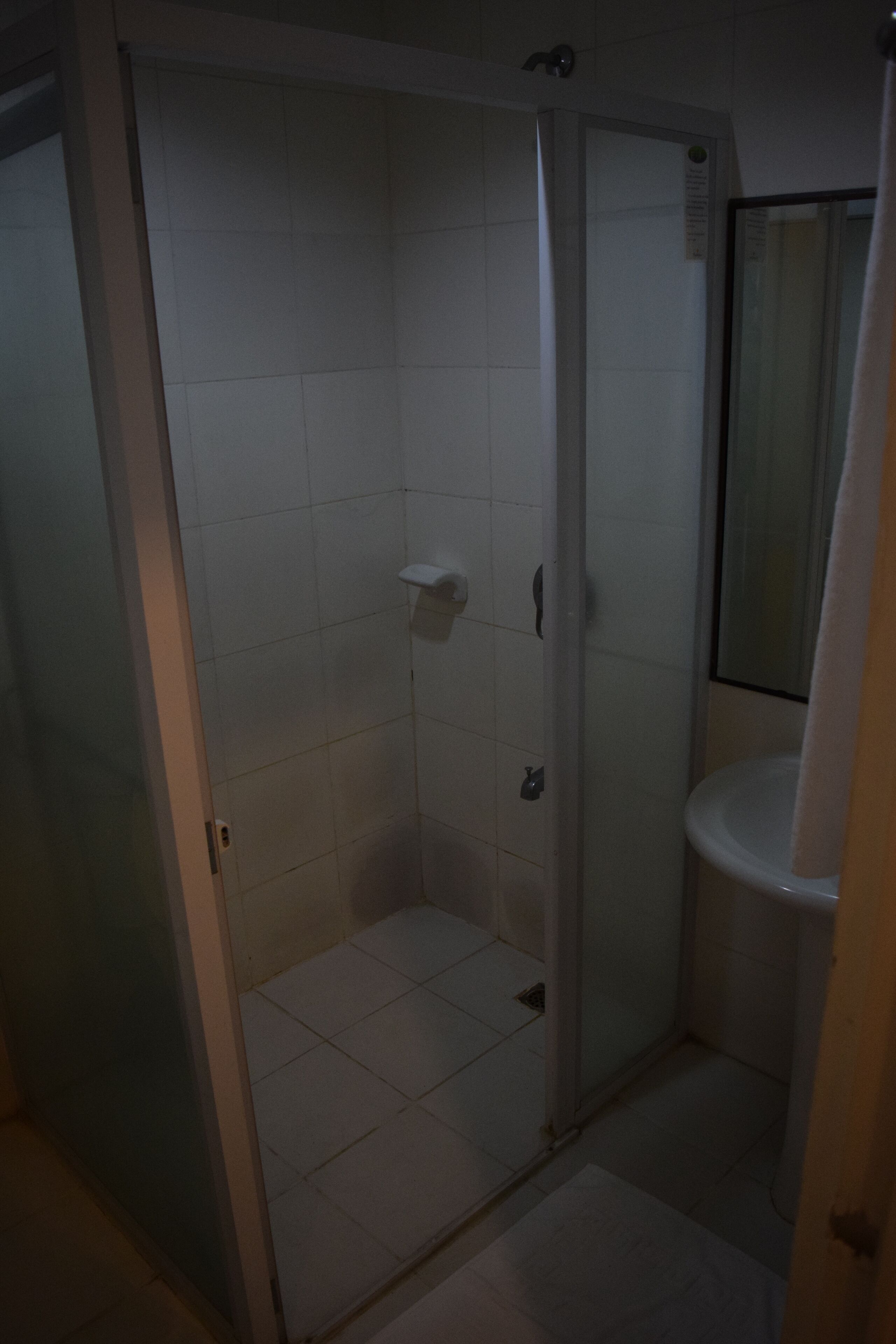 A bathroom with a glass shower enclosure, a white sink, and a mirror.