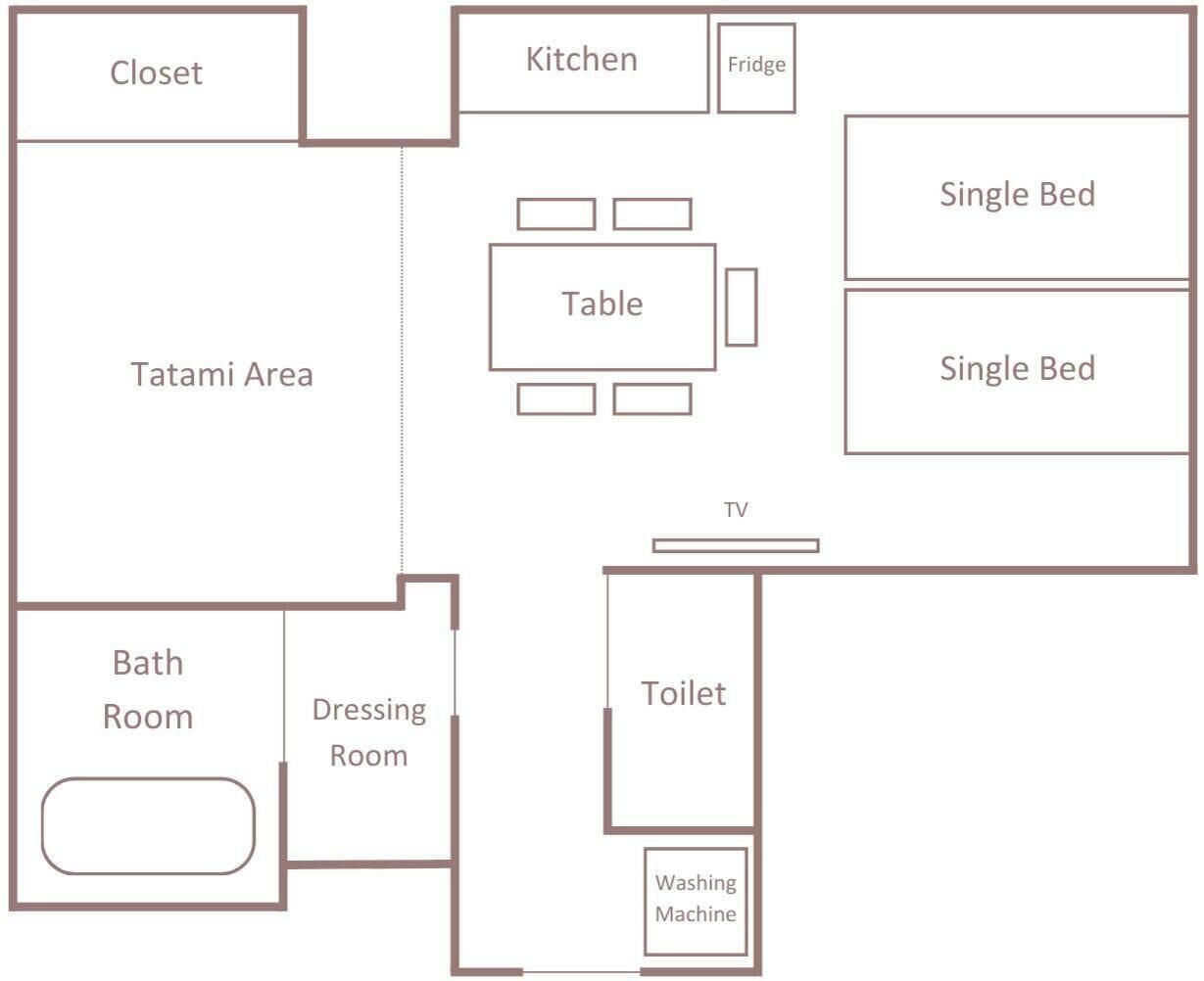 Pianta del pavimento che mostra un armadio, cucina, frigorifero, zona con tatami, tavolo, letti singoli, TV, toilette, lavatrice, cabina armadio e bagno.