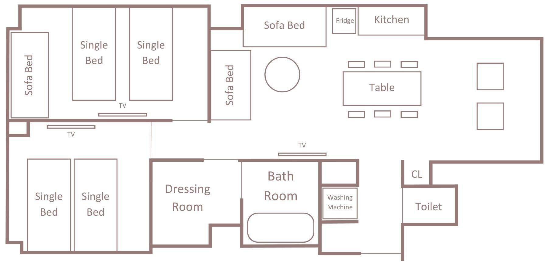 A hotel room layout with a sofa bed, two single beds, a TV, a dressing room, a bathroom with a washing machine, a toilet, and a kitchenette.