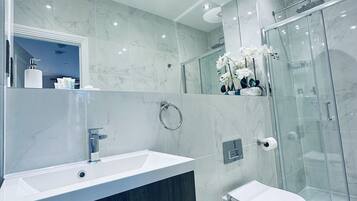 Shower, hair dryer, towels, soap