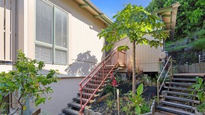 Zona residencial con una escalera que lleva a una terraza de madera, rodeada de plantas variadas y un árbol con frutos.