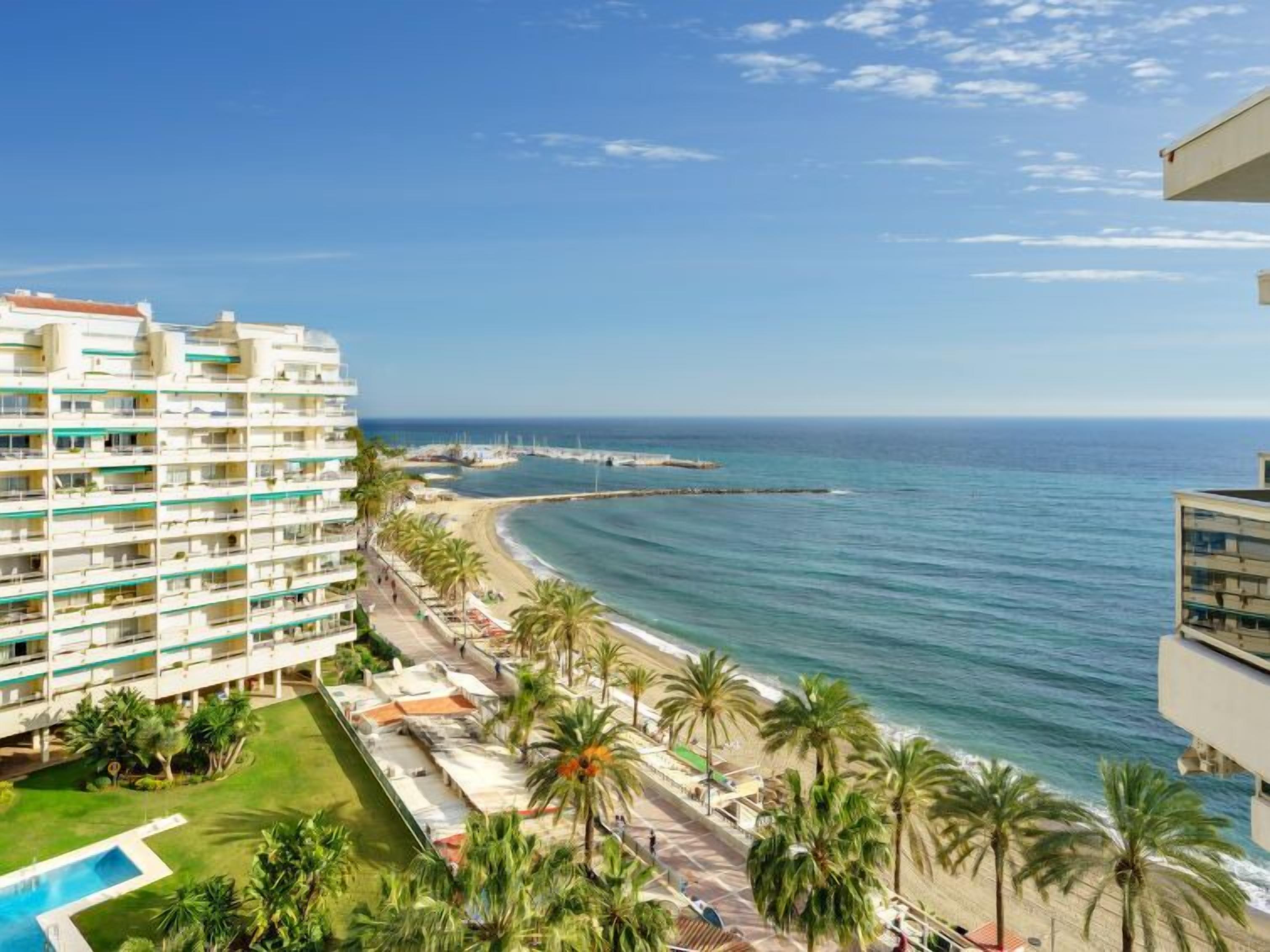 A beachfront hotel with multiple balconies overlooking the ocean, a pool, and a promenade lined with palm trees.