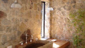 A bathroom with a stone wall, a wooden vanity, a sink with a stone basin, a hanging light fixture, and a bamboo plant.