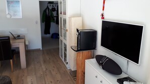 Un espacio habitable pequeño con suelo de madera, un televisor montado en la pared, un escritorio con una computadora portátil, un armario y una estantería con un control remoto.