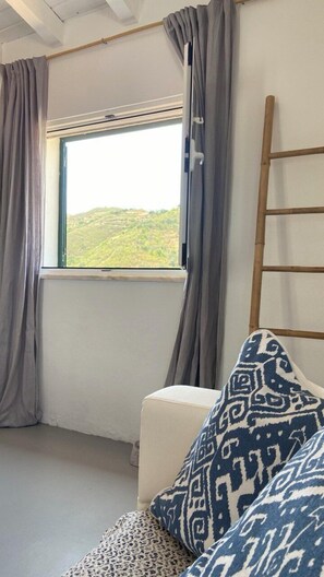 A room with a window, a ladder, and patterned cushions.