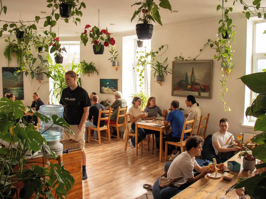 Um quarto com piso de madeira, várias mesas, cadeiras e plantas penduradas.