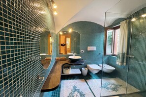 Shower, hair dryer, bidet, towels