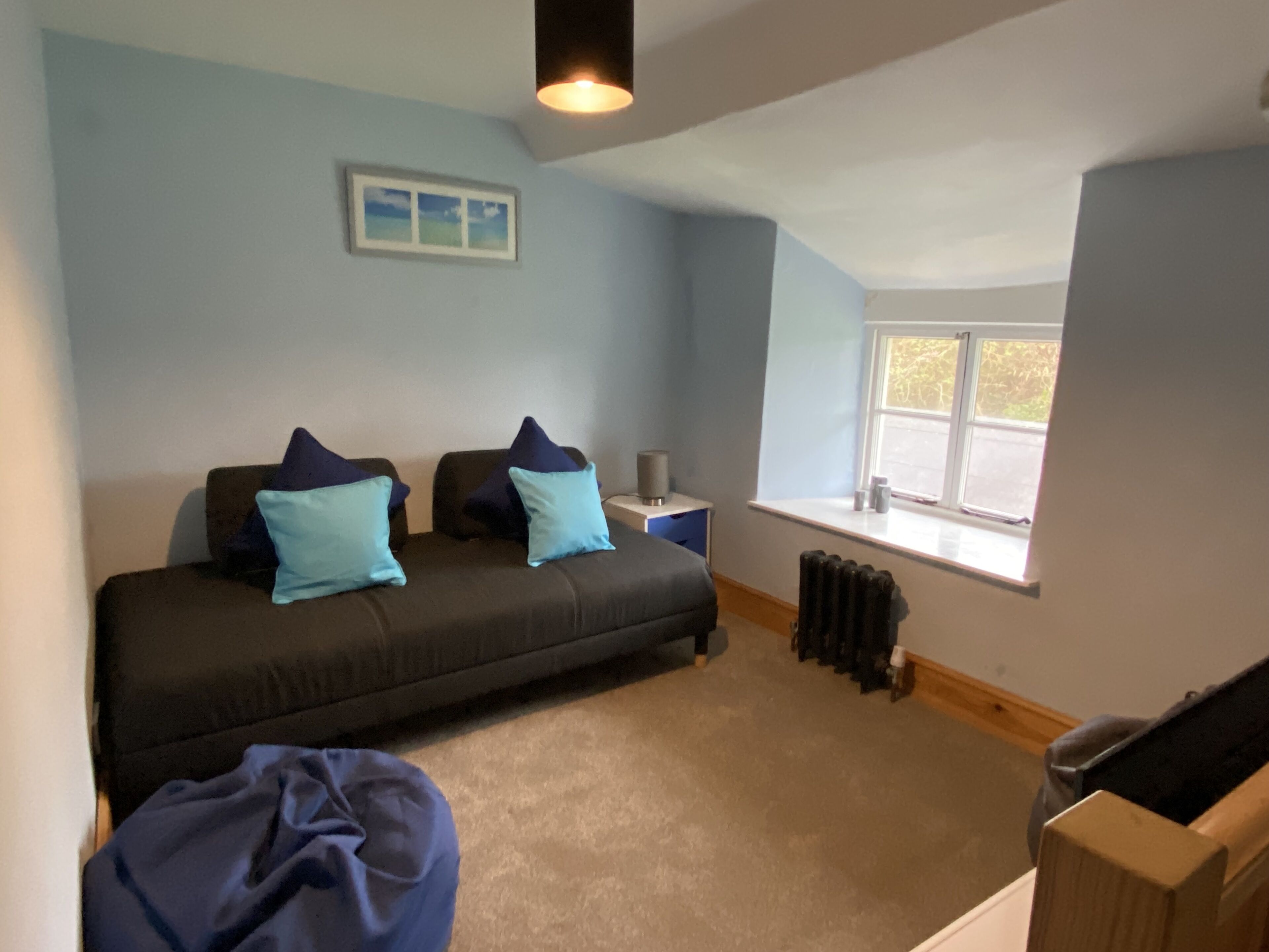 Een slaapkamer met een bed, een radiator, een raam en een foto aan de muur.