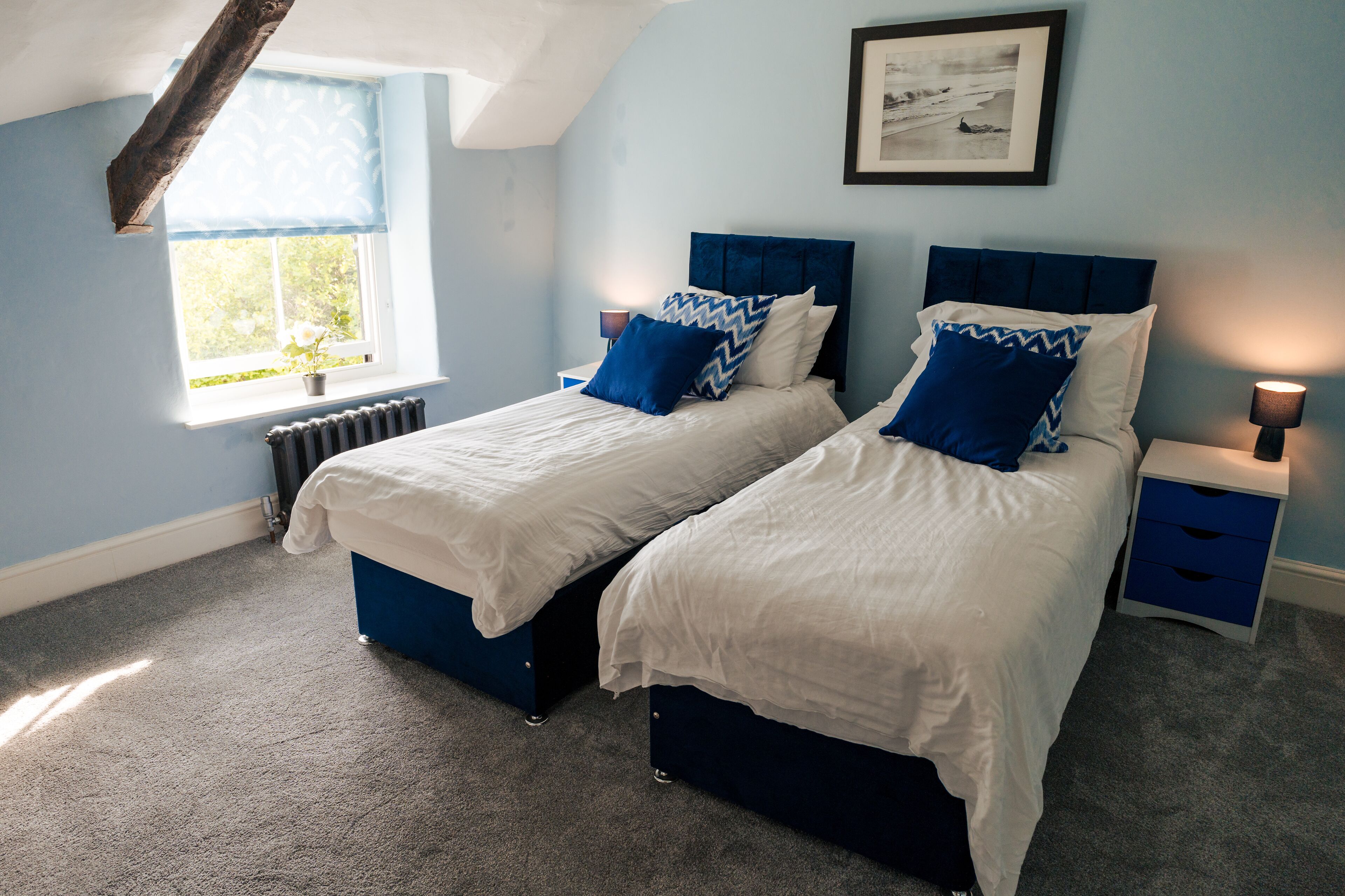 A bedroom with two beds, a window, a radiator, and a framed picture on the wall.