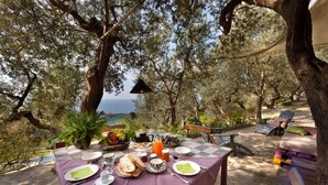 An outdoor dining table set with plates, glasses, and a fruit bowl, surrounded by trees and overlooking a body of water. - Sorrento houses with terrace, pool, garden, sea view, wifi (Sorrento)