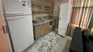 Una cocina compacta con refrigerador, pileta y armarios de madera.