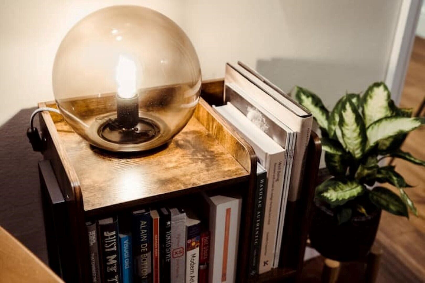 A wooden side table with a glass dome lamp, a stack of books, and a potted plant.