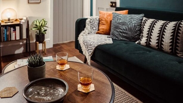 A cozy living room with a dark green sofa, patterned cushions, a small coffee table with two glasses of amber liquid, a potted plant, and a bookshelf.