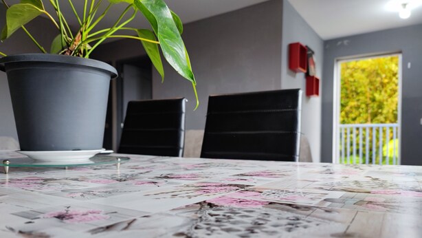 Ein Esstisch mit einer blumigen Tischdecke, einem Blumentopf und zwei Stühlen.