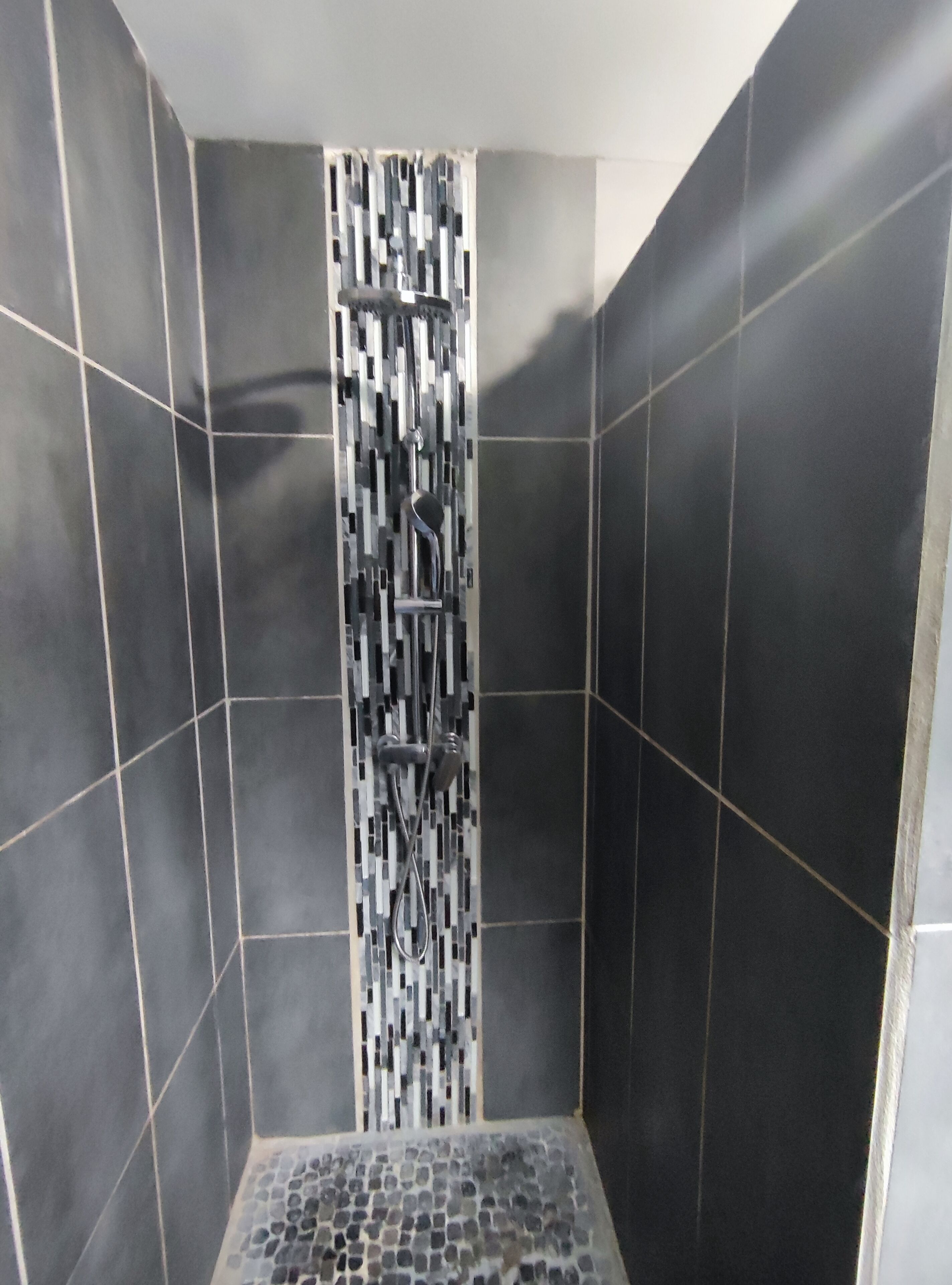 Shower, hair dryer, towels, toilet paper