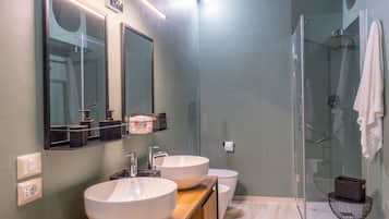 Shower, hair dryer, bidet, towels