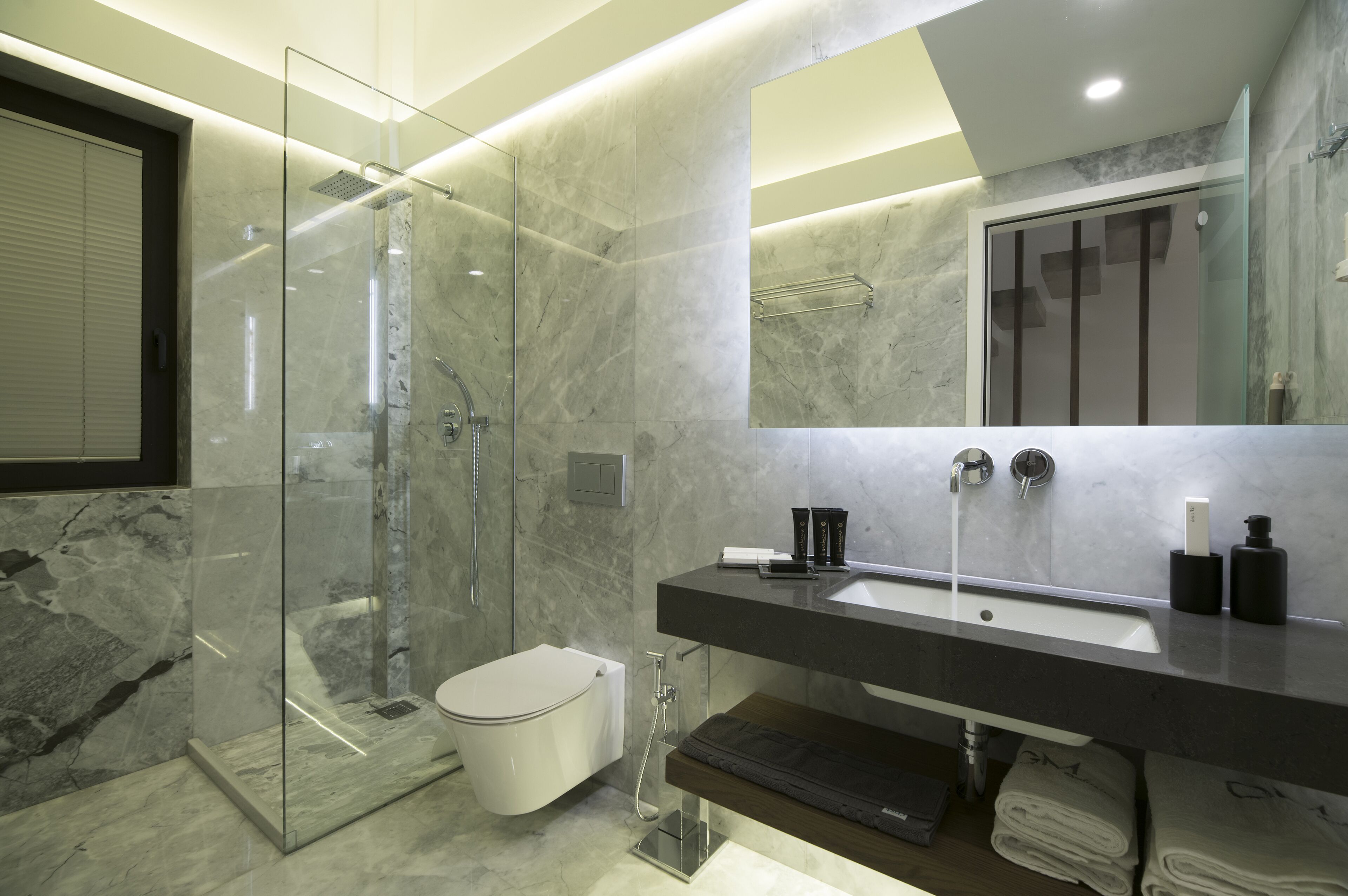 A modern bathroom with a glass-enclosed shower, a white toilet, a large mirror, and a dark countertop with toiletries.