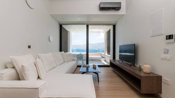 Una sala de estar moderna con un sofá, una mesa de centro, un televisor y vistas al exterior.