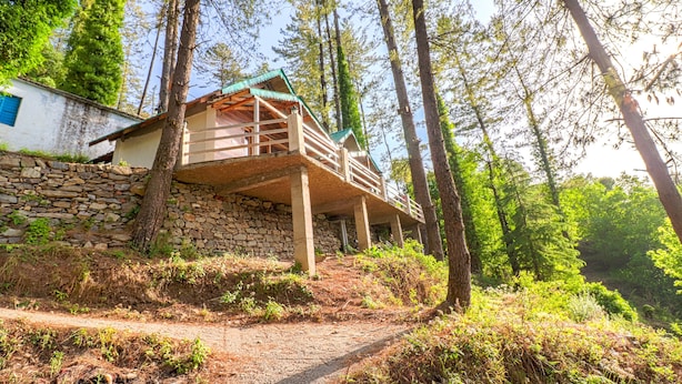 Eine Holzhütte mit Steinfundament, einer Holzdielenveranda und einem Feldweg davor.