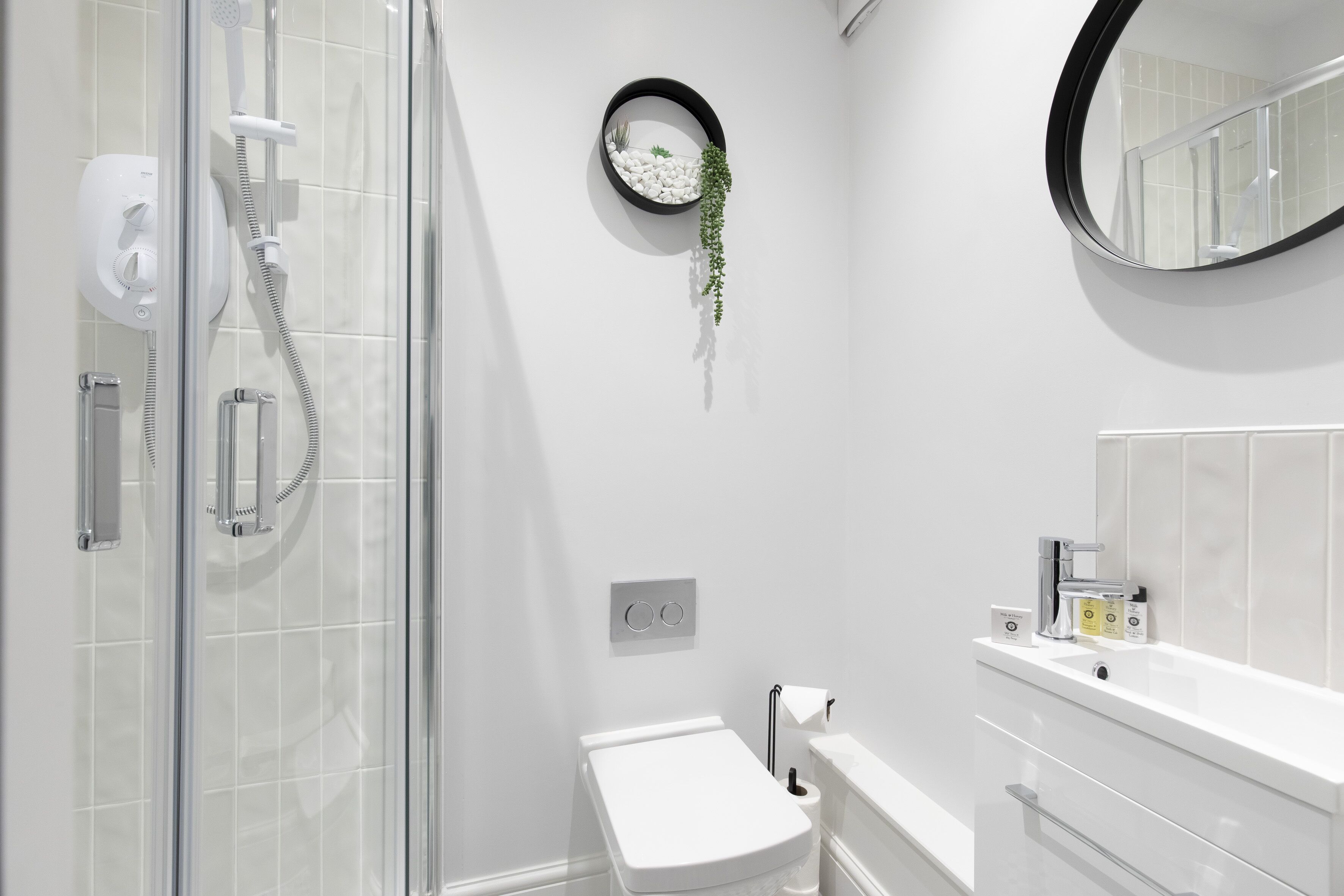 A modern bathroom with a glass shower enclosure, a toilet, a sink with a mirror, and a wall-mounted plant.