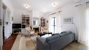A spacious living room with a sofa, armchairs, a fireplace, and a bookshelf. - Villa Monte Maria Pratas (Setubal)