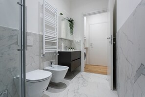 Shower, free toiletries, hair dryer, bidet