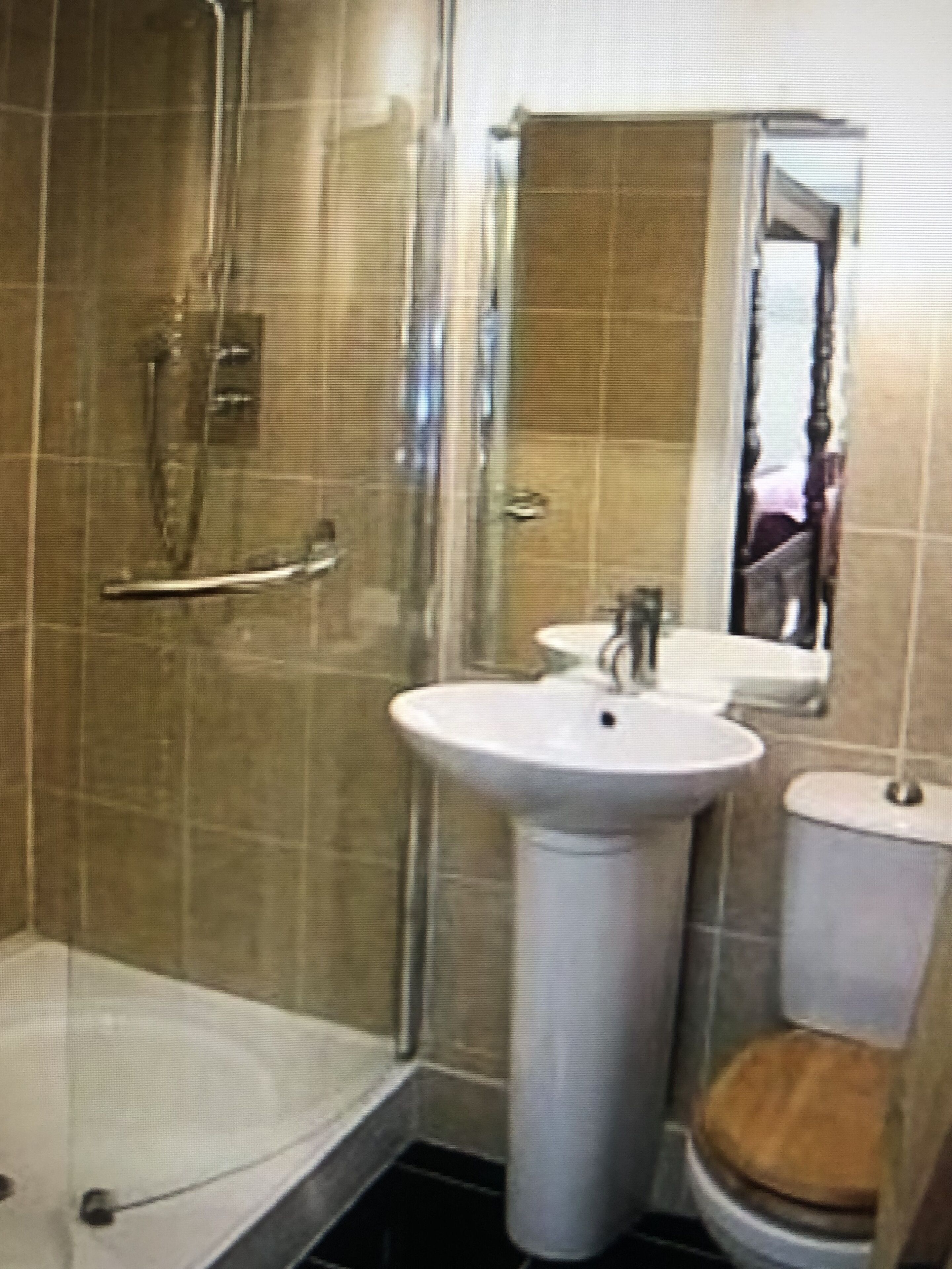 Shower, hair dryer, towels, toilet paper
