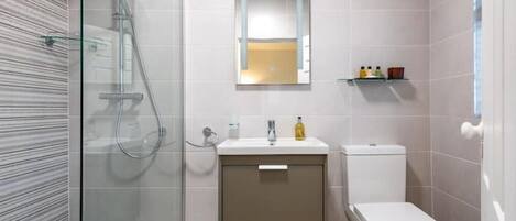 Une salle de bain moderne avec une douche à parois de verre, un lavabo blanc avec un miroir au-dessus et des toilettes.