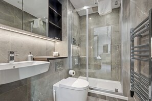 Hair dryer, towels, soap, shampoo