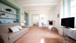 Een woonkamer met een bank, televisie, open haard en planken met decoratieve objecten.