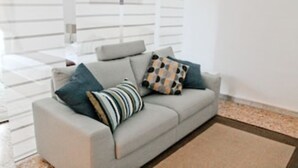 Un salon moderne avec un canapé gris, deux coussins à motifs et un tapis de couleur claire.