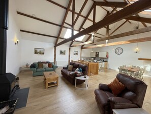 TV connectée, cheminée, table de tennis de table, livres