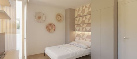 A bedroom with a bed, a wardrobe, and a door.