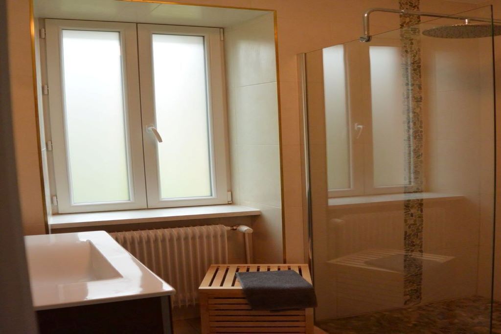 Une salle de bain avec une douche, une fenêtre et un radiateur.