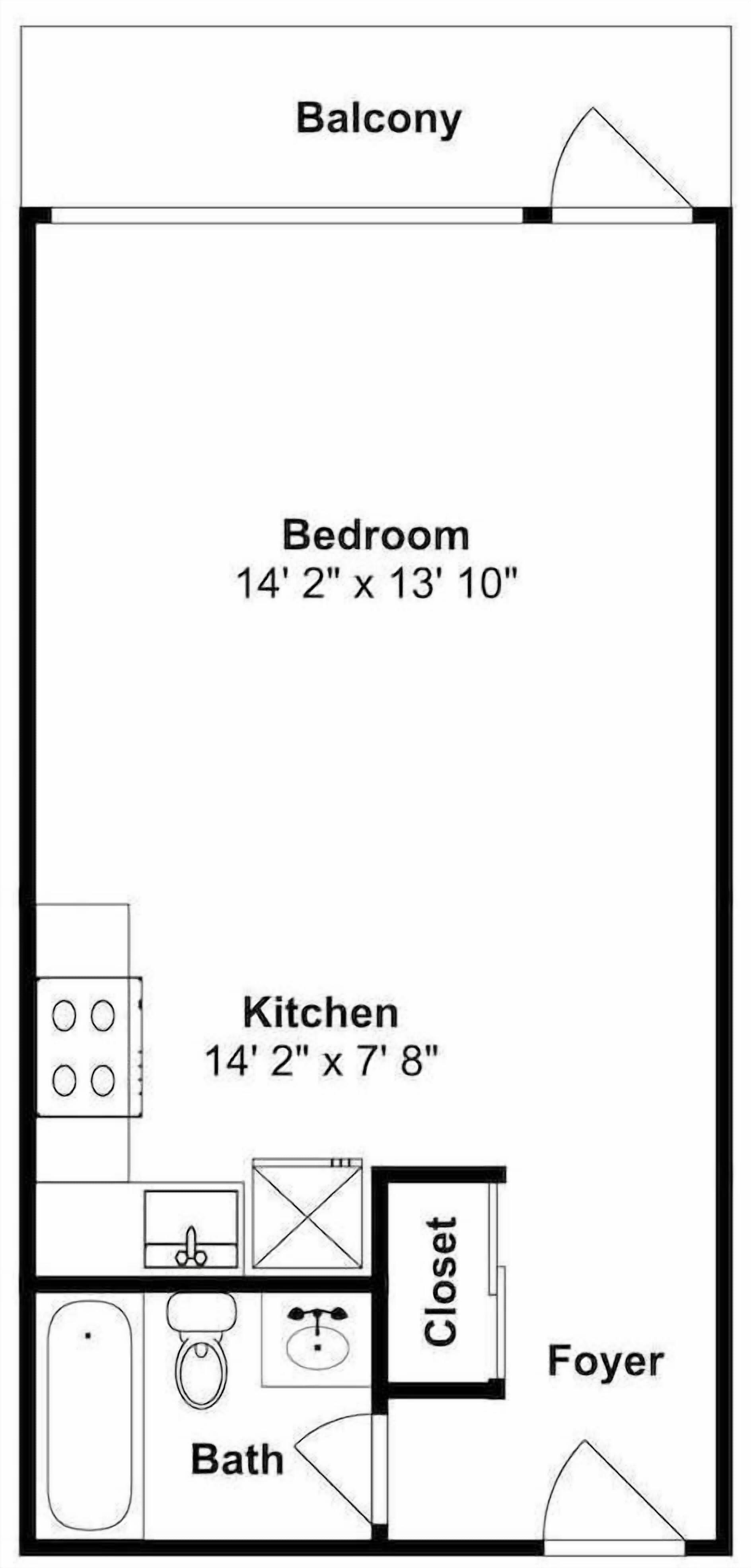 A floor plan with a balcony, bedroom, kitchen, closet, foyer, and bath.