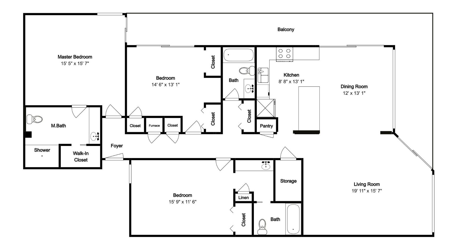 Un plano de planta que muestra un dormitorio principal, dos dormitorios más pequeños, un baño, una cocina, un comedor, una sala de estar y un balcón.