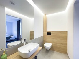 Comfort Triple Room | Bathroom | Shower, hair dryer, towels, soap