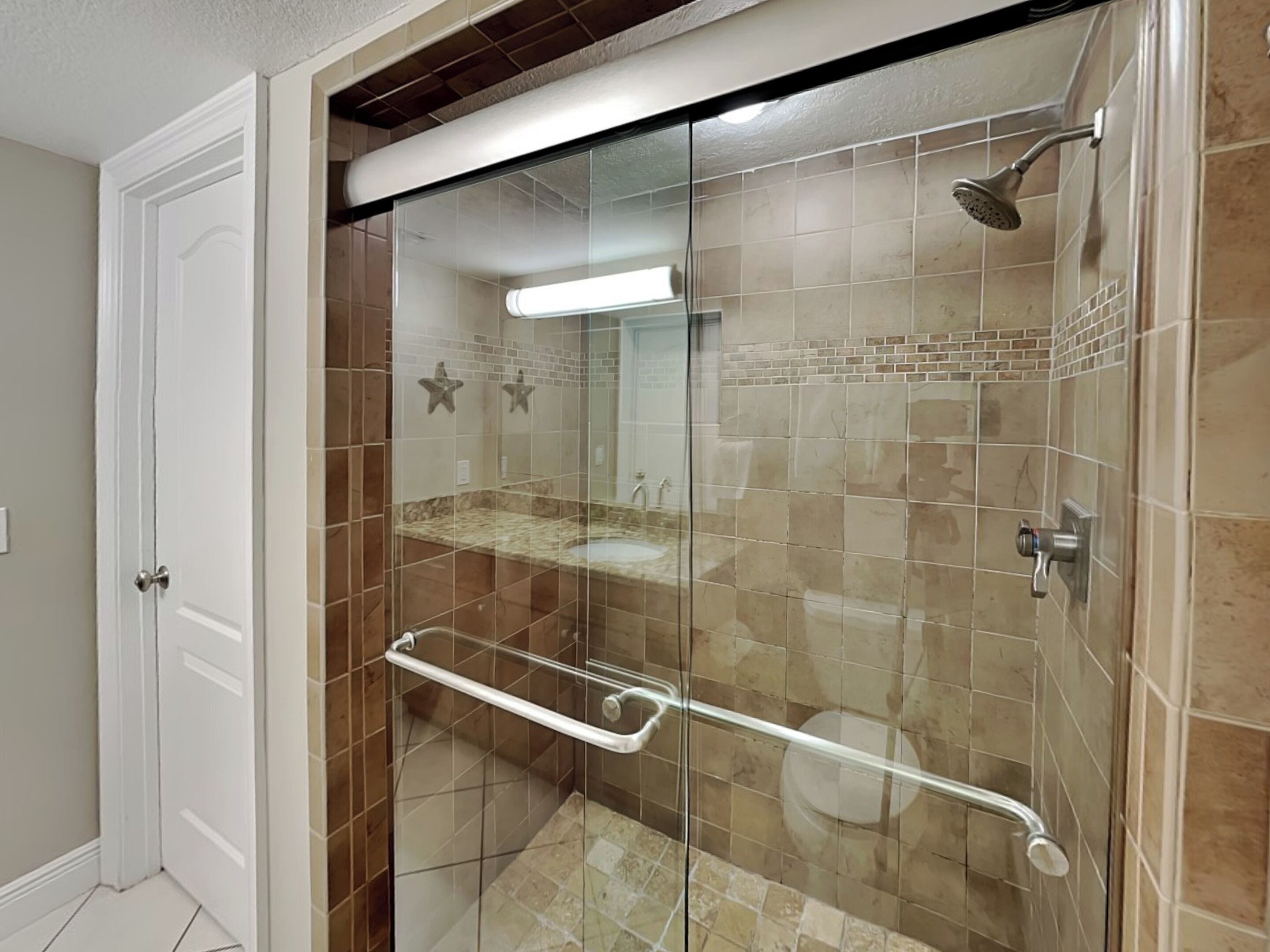 A walk-in shower with a glass door, a handrail, and a showerhead.