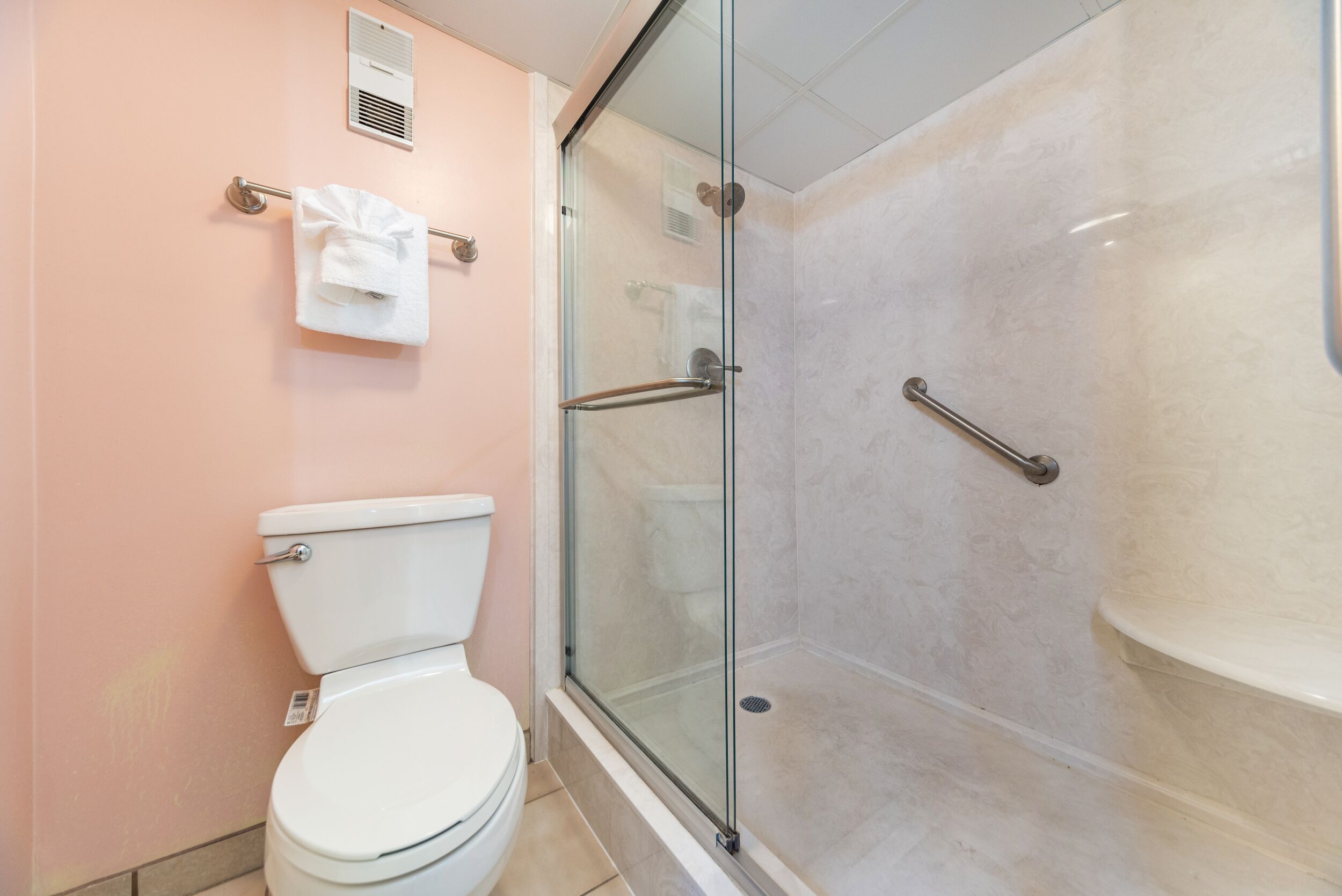 Een badkamer met een toilet, een douchecabine en een handdoekhouder.