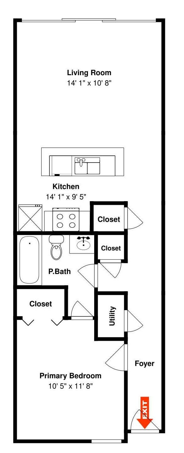 Ein Grundriss eines Hotelzimmers mit Wohnbereich, Küche, Bad, Kleiderschrank, Hauptschlafzimmer und Eingangsbereich.