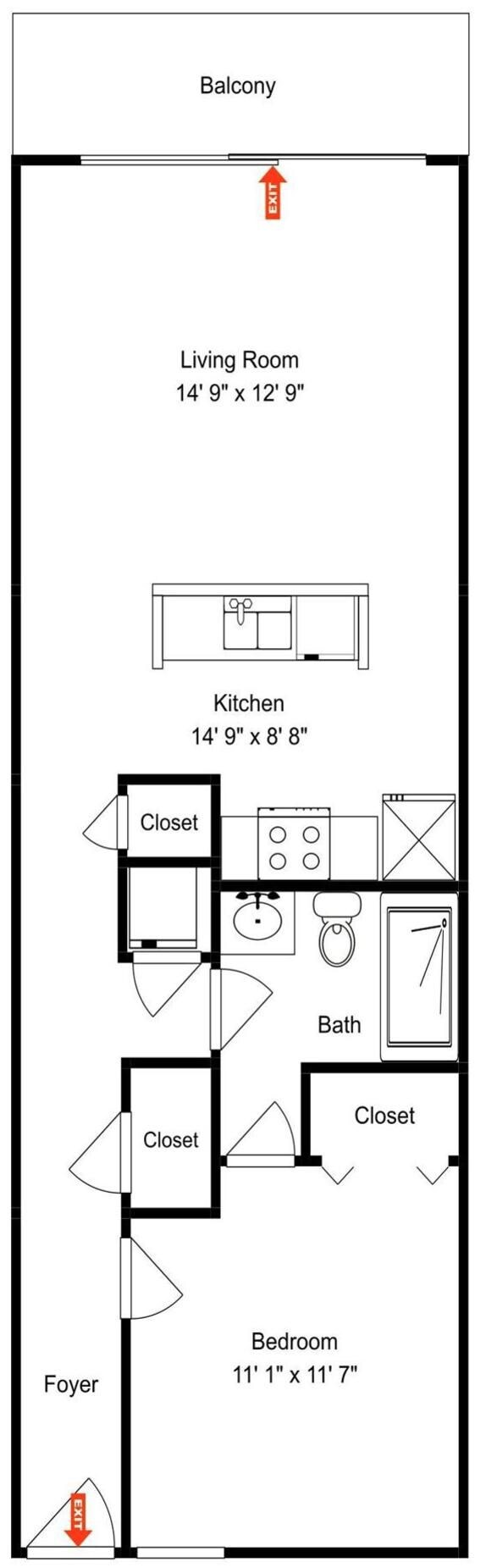 A floor plan of a residential property with a balcony, living room, kitchen, two closets, a bathroom, a foyer, and a bedroom.