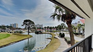 A view of a water feature with a curved path, palm trees, and buildings in the background.