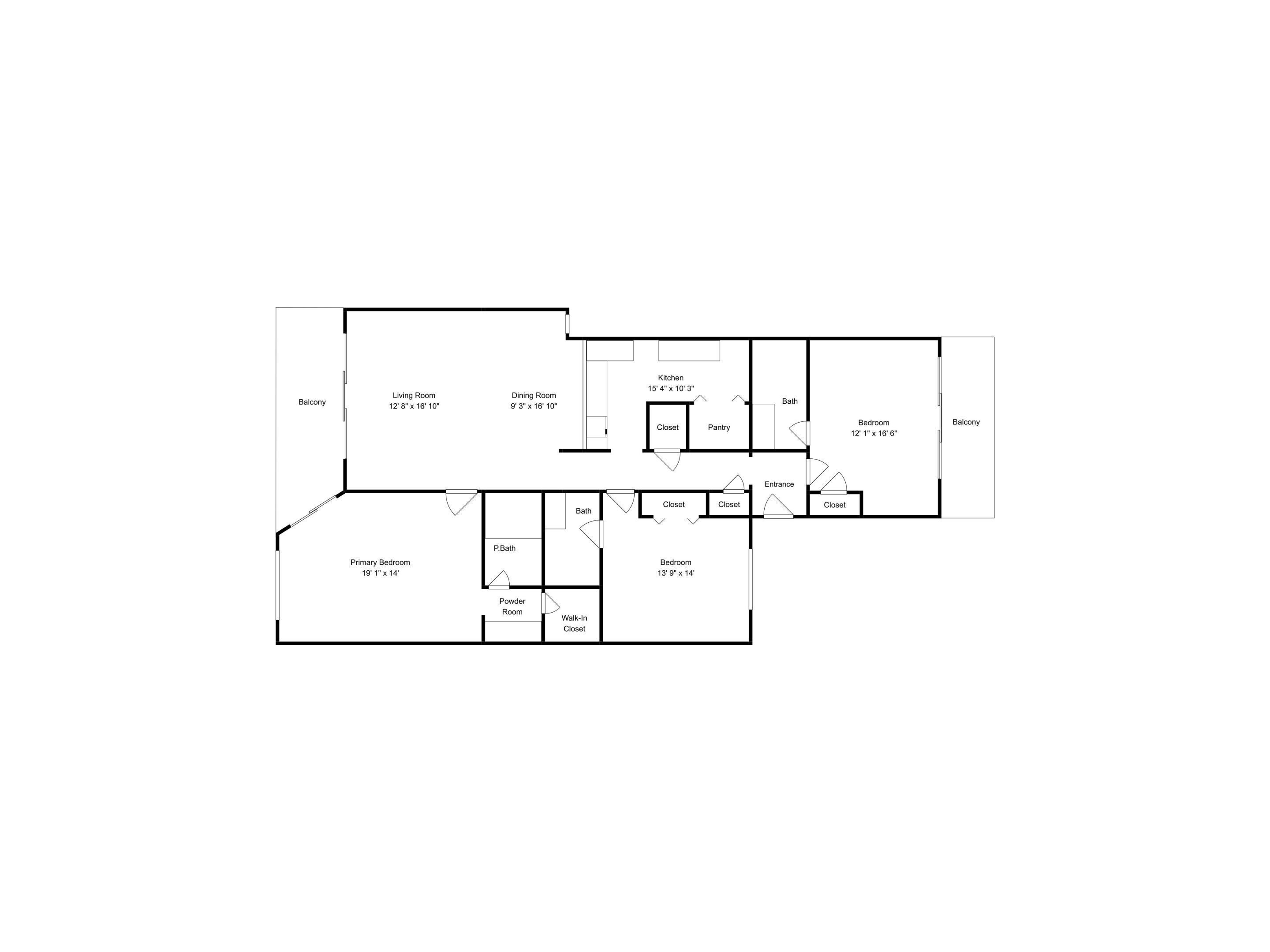 A floor plan of a house with a balcony, living room, dining room, kitchen, bathroom, and three bedrooms.
