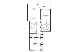 Een plattegrond van een hotelkamer met een zithoek, eetkamer, keuken, hoofdslaapkamer, balkon, inloopkast, badkamer en een tweede badkamer.
