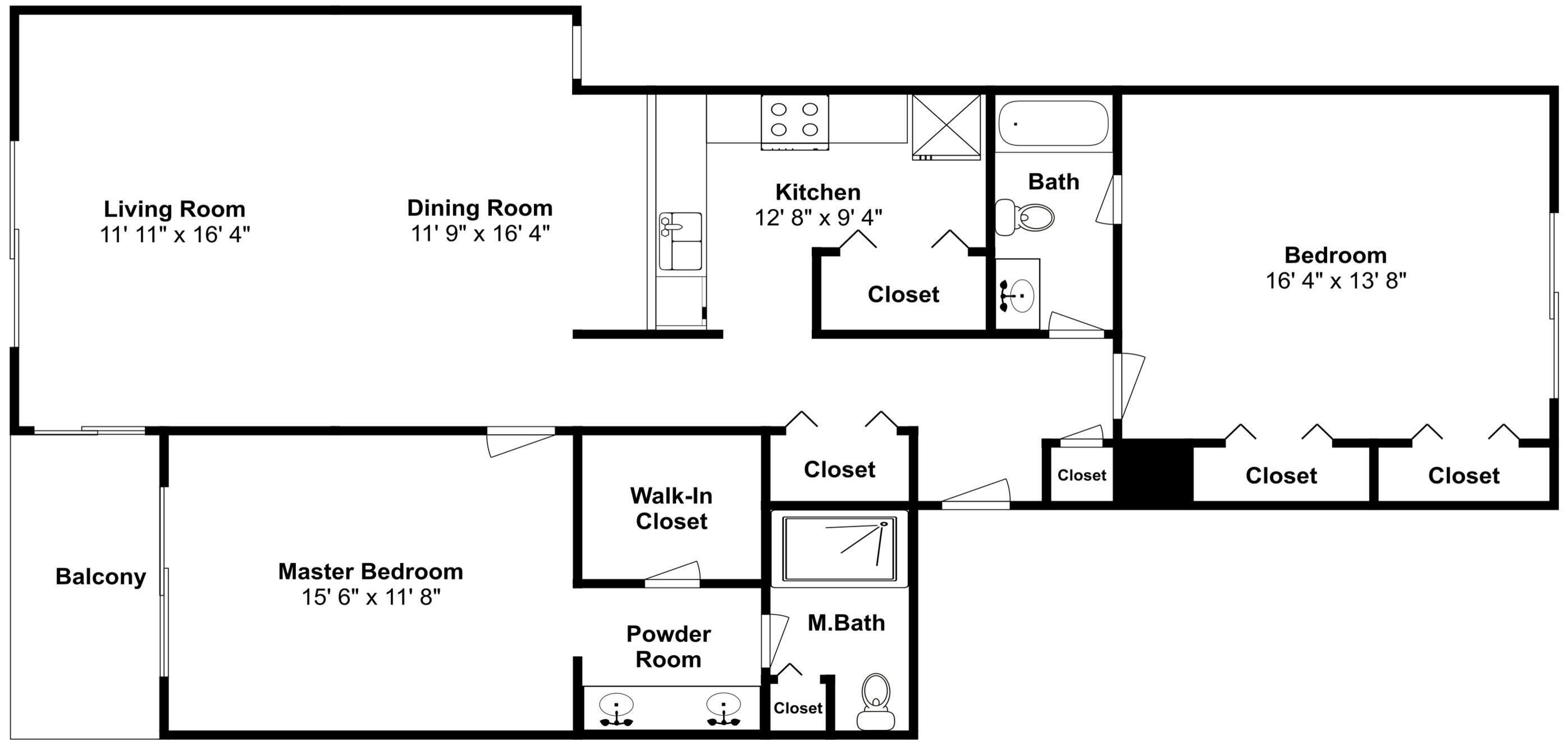 A floor plan of a hotel with a living room, dining room, kitchen, master bedroom, balcony, and multiple closets.