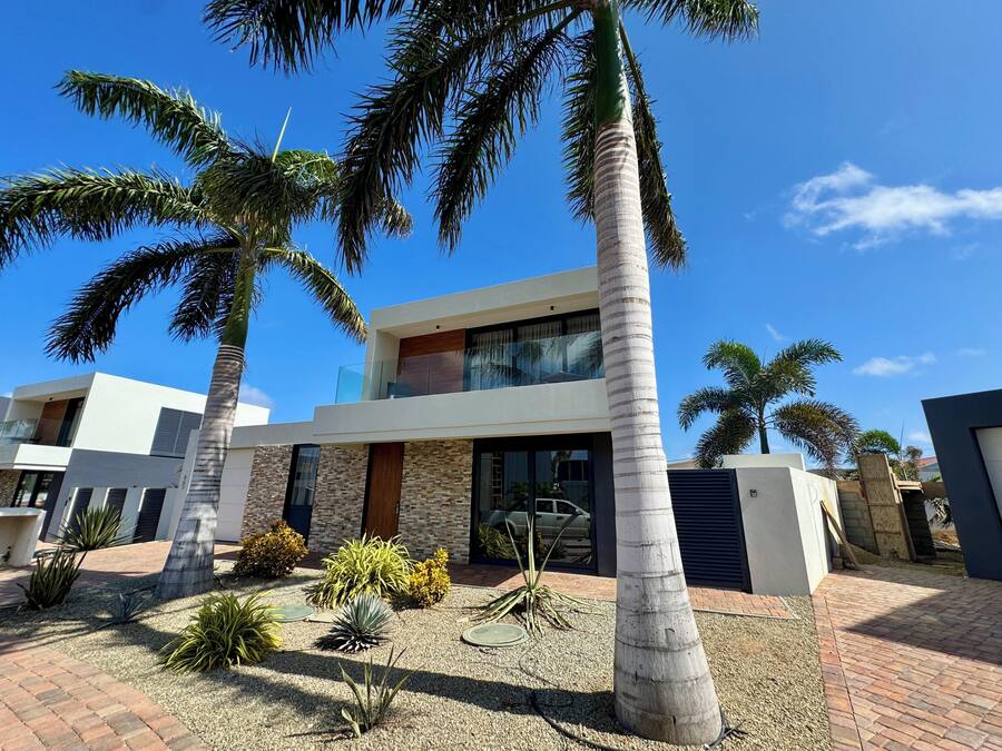 Una casa moderna de dos pisos con fachada de ladrillo, ventanas amplias y un jardín bien cuidado con palmeras y diversas plantas.