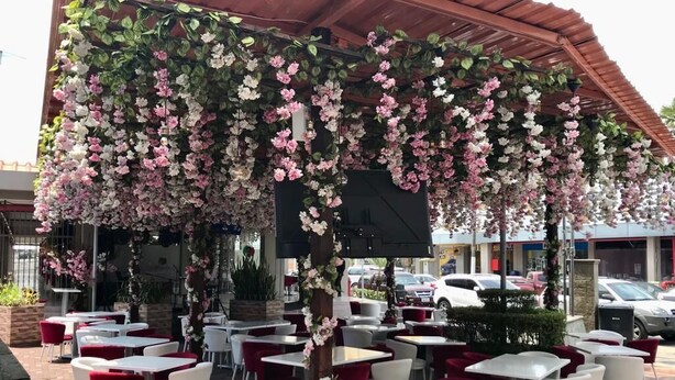 An outdoor cafe with tables and chairs under a covered area with hanging flowers. - Villa Garza Inn (Guayaquil)