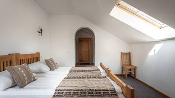 A bedroom with a sloped ceiling, a skylight, a wooden bed, a patterned rug, and a chair.