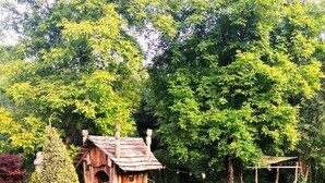 A rustic wooden structure in a lush garden with a stone pathway leading to it. - Hanul Vatra (Costesti)